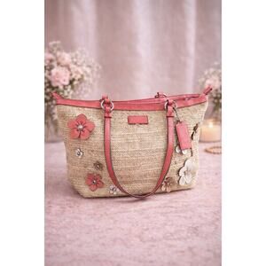 Coach Straw Floral Appliqué Tote –  Coral - tea rose